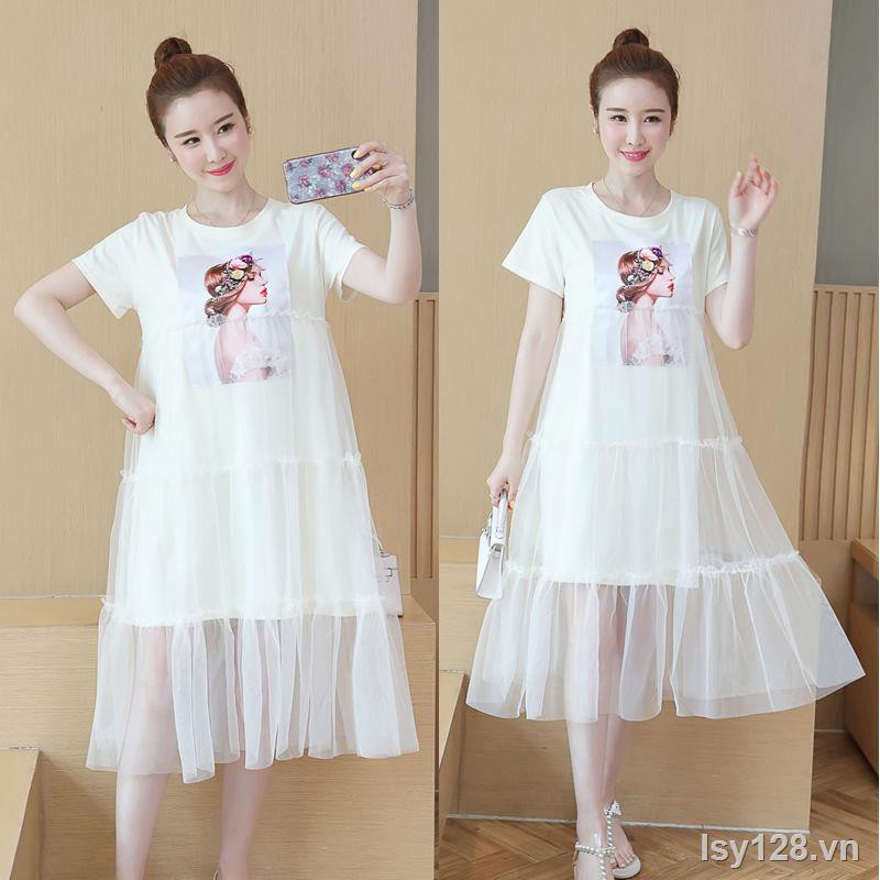 ℗☃Váy bầu tây, đầm mùa hè, gạc cotton lưới, đỏ bầu, cổ tròn, tay ngắn, bà đầm, dài