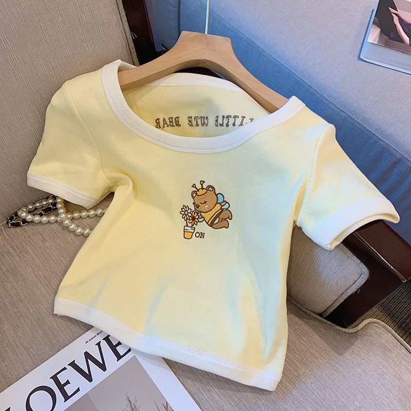 Áo Thun Tay Ngắn Cổ Tròn Thêu Họa Tiết Gấu Thời Trang Xuân Hè Phong Cách Hàn Quốc Mới Cho Nữ