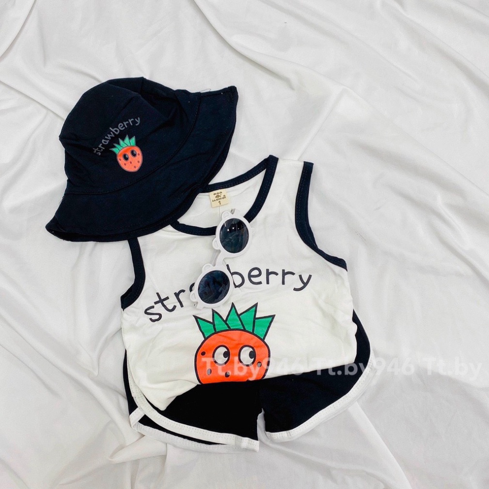 Bộ cộc tay bé gái, Bộ sát nách chạy viền hoa quả nhiệt đới tặng kèm mũ cho bé