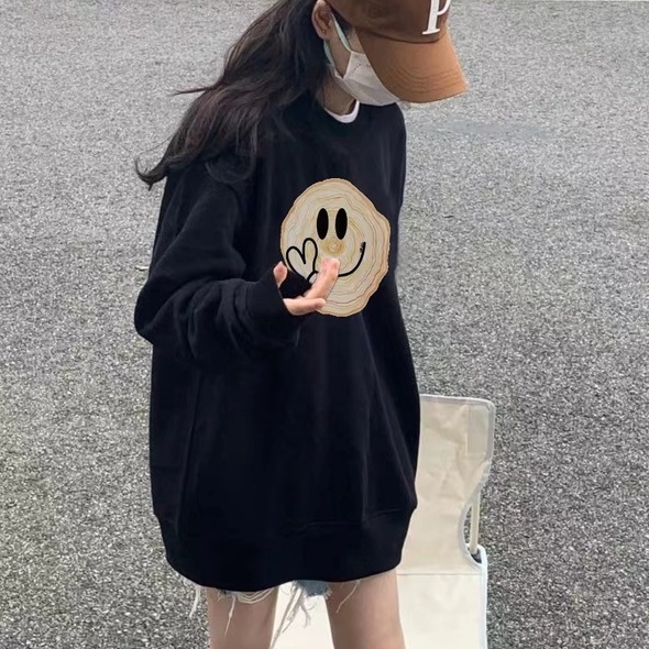 ZHELIHANGFEI Áo Sweater Tay Dài Dáng Rộng Cổ Tròn In Họa Tiết Cá Tính