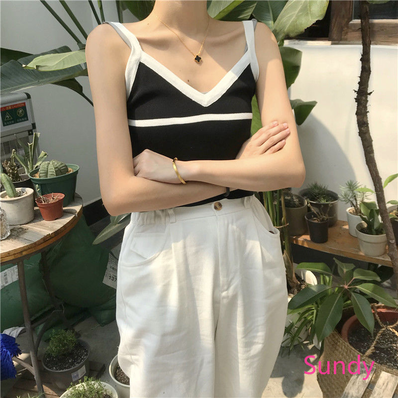 Áo Hai Dây Dệt Kim Cổ Chữ V Thời Trang Mùa Hè Cho Nữ