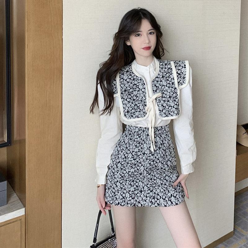 Set Áo Sơ Mi Tay Dài Họa Tiết Hoa + Chân Váy Ngắn Lưng Cao Thời Trang Mùa Thu Cho Nữ | BigBuy360 - bigbuy360.vn