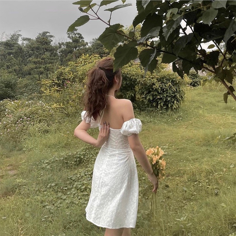 Đầm đi tiệc cổ yếm váy nữ màu trắng đi đám cưới trễ vai dáng xòe sang trọng