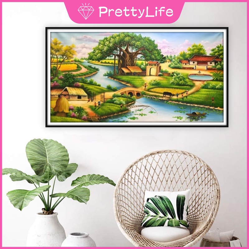 Bộ Tranh Đính Đá 5D Tự Làm Hình Phong Cảnh Làng Quê Kích Thước 90x50cm
