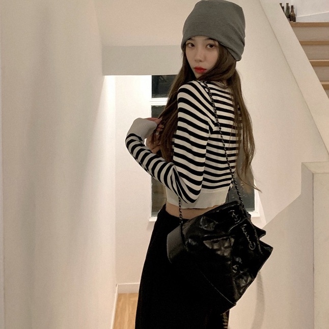 Áo len ZHELIHANGFEI tay dài họa tiết sọc ngang thời trang cho nữ