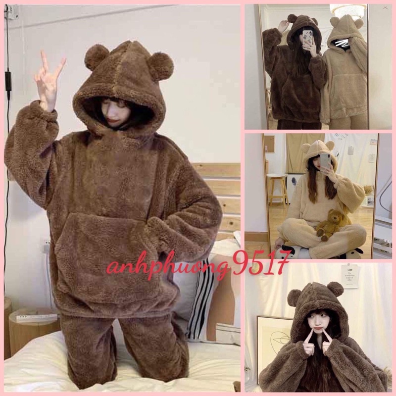 Bộ lông nam nữ Tai GấuĐồ ngủ mùa Đông mặc nhà hoodie Ullzang phong cách Hàn Quốc☘️Lông cừu giữ nhiệt,dày dặn Free ship