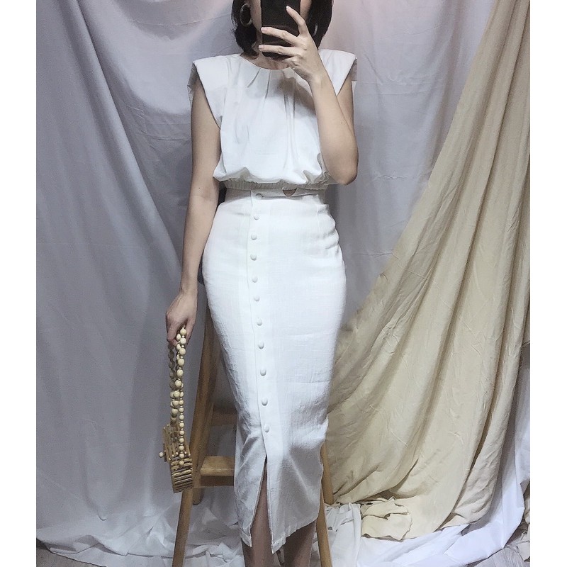 Áo croptop - chân váy midi trắng Linen