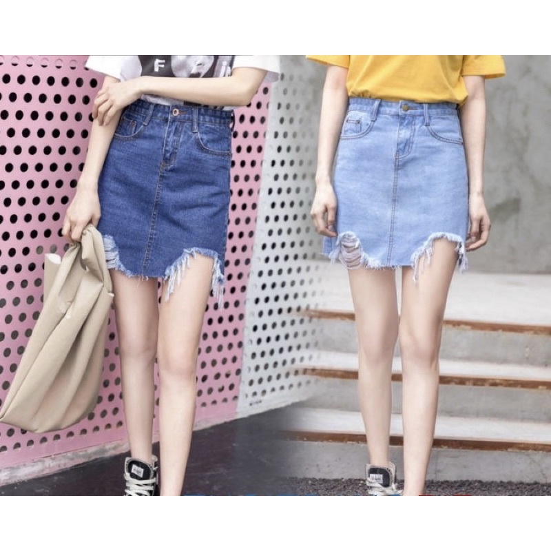 Chân váy Jeans kiểu chữ A xẻ rách 1 bên đùi 3 Size S M L