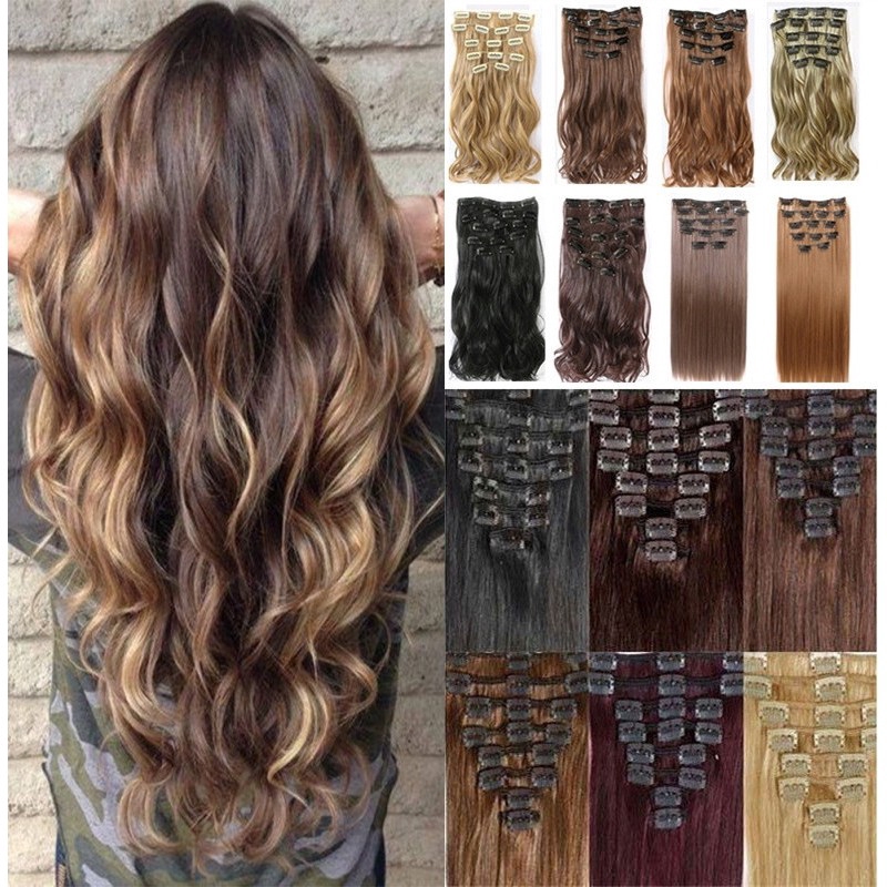 60cm 16 Clip Mở rộng tóc Clip tự nhiên Trên tóc giả Tóc giả tóc thật