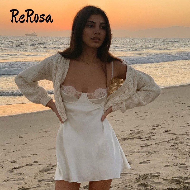 Đầm Ngắn Hai Dây Màu Trơn Phối Ren Thời Trang Cho Nữ