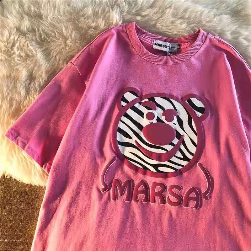 Áo Thun Ngắn Tay Dáng Rộng In Hình Gấu Dâu Tây Phong Cách Hàn Quốc Mới