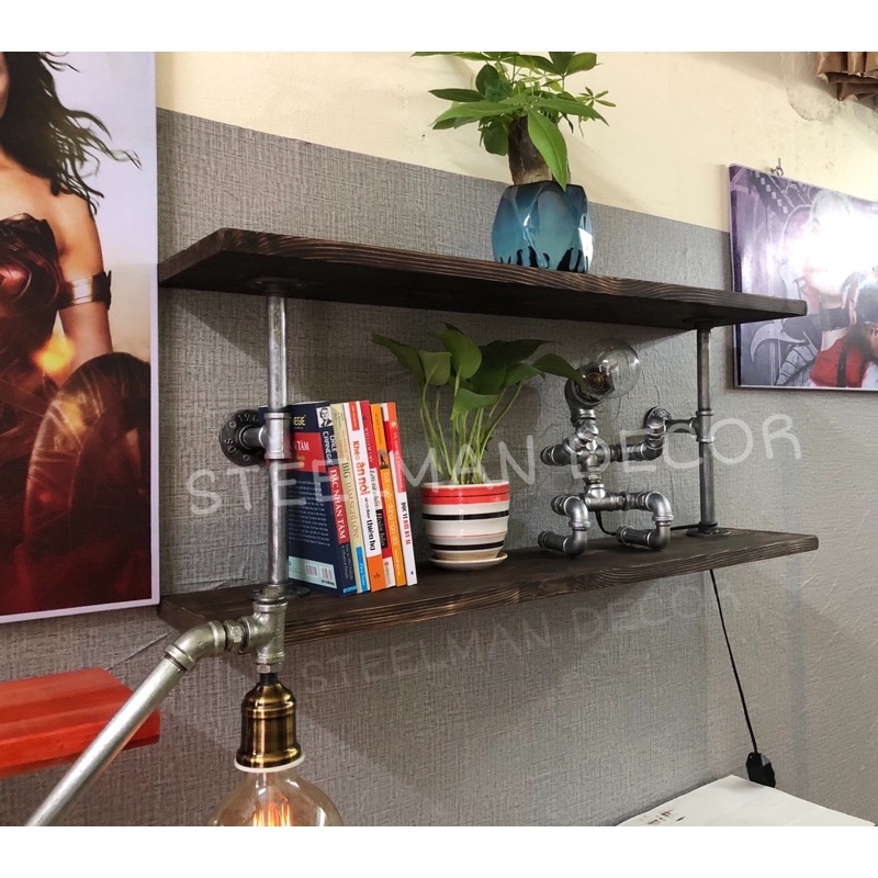 Kệ Gỗ Gắn Tường - Kệ Ống Nước Sắt, Giá Sách Decor Trang Trí Góc Làm Việc, Homestay Industrial, Quán Cà Phê Vintage