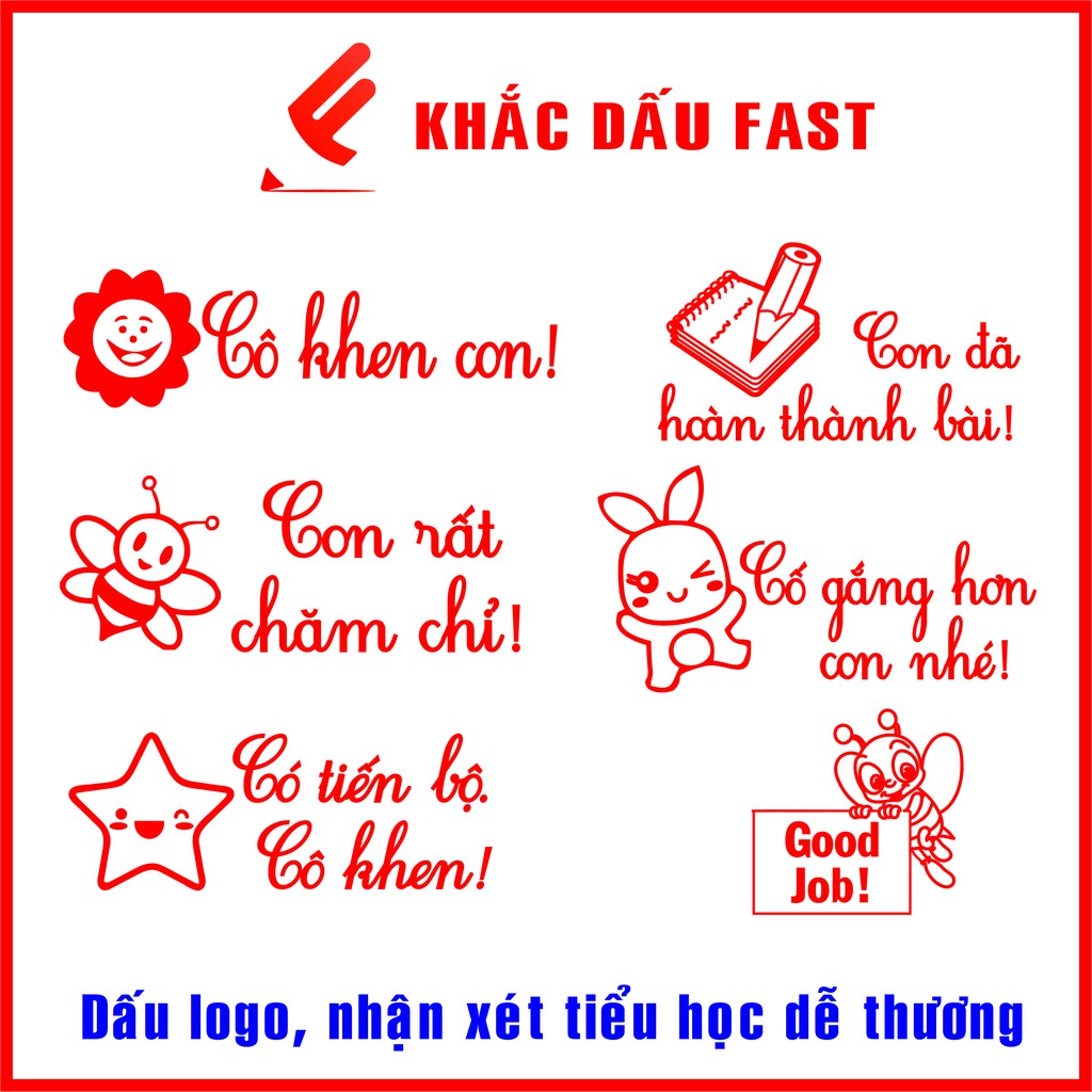 Khắc Con Dấu Nhận Xét Tiểu Học + Logo, Dấu Cô Khen, Con Cần Cố Gắng - Shiny Chính Hãng