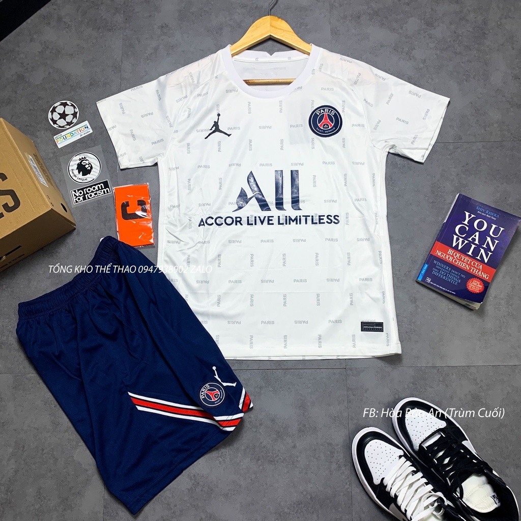 Set Bộ Quần Áo Đá Bóng CLB Pari màu Trắng Quần Xanh - Đen chuẩn áo đấu phom 43-90kg