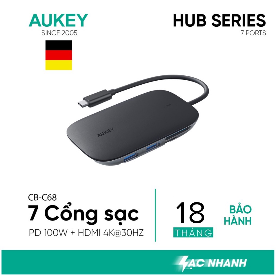 Hub Chia Cổng AUKEY CB-C68 7 Cổng (1 Cổng Type C PD 100W - 1 HDMI Hỗ Trợ 4K - 3 Cổng USB 3.0 - 1 Cổng SD + 1 MicroSD)