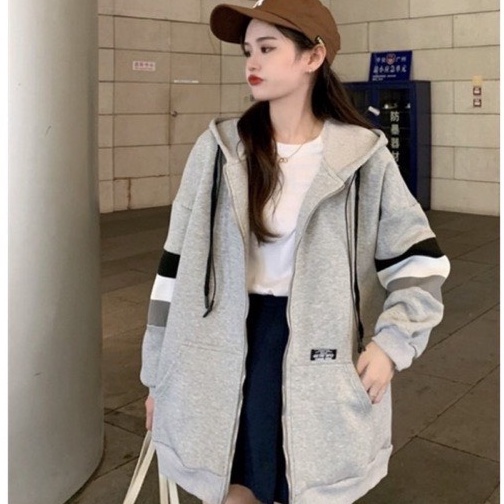 Áo khoác nỉ zipper form rộng tay sọc (có ảnh thật) Unisex, áo khoác tay dài thời trang mùa thu cho nữ