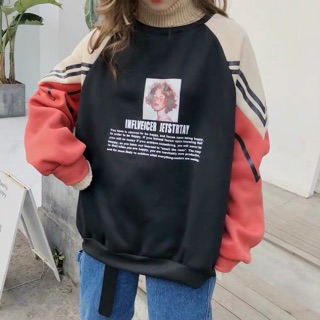 [Hàng oder] Áo nỉ phối len cao cổ oversize