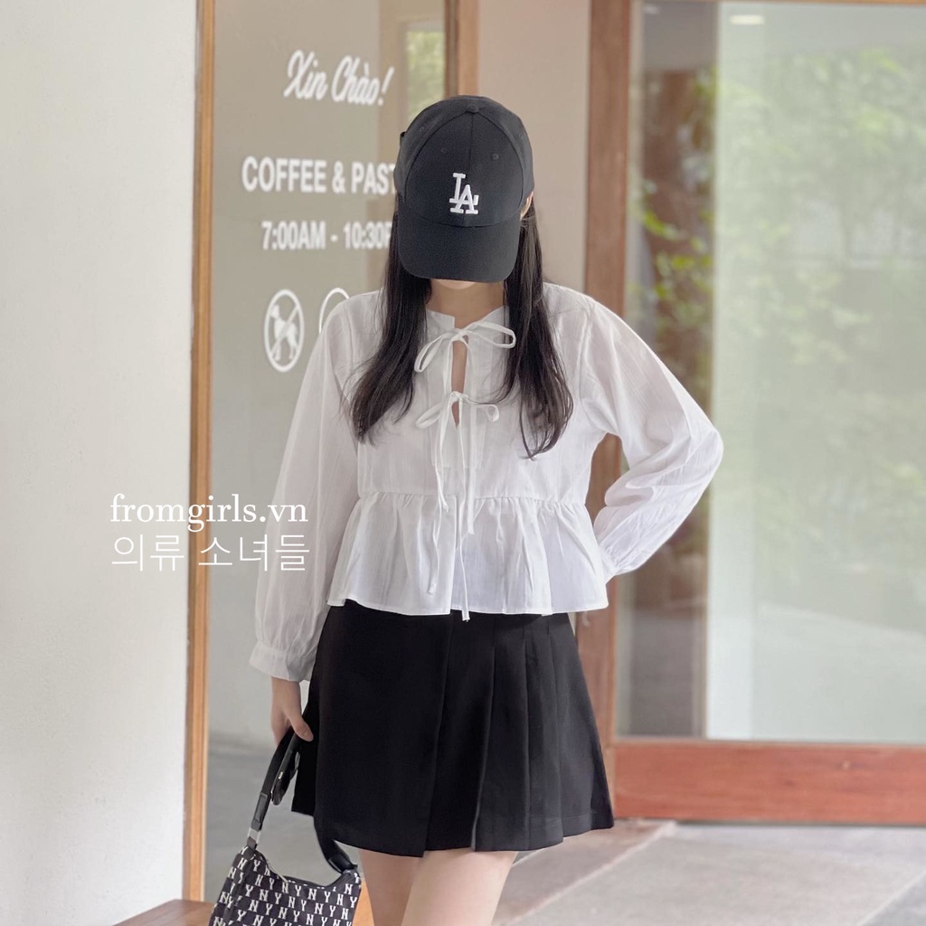 Áo babydoll buộc dây dáng ngắn, áo sơ mi dài tay croptop vạt xòe - SET24
