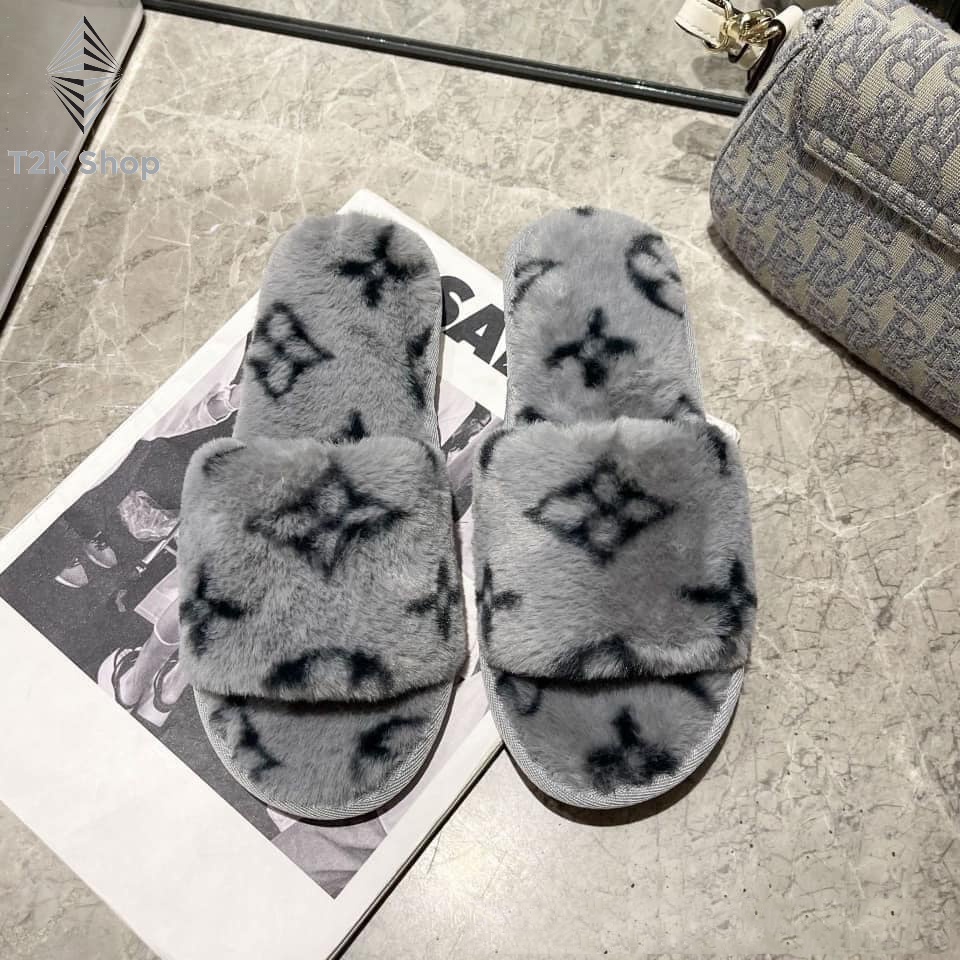 Dép lông nữ LV quai ngang lông thỏ êm chân giữ ấm đi trong nhà thời trang - T2K Shop