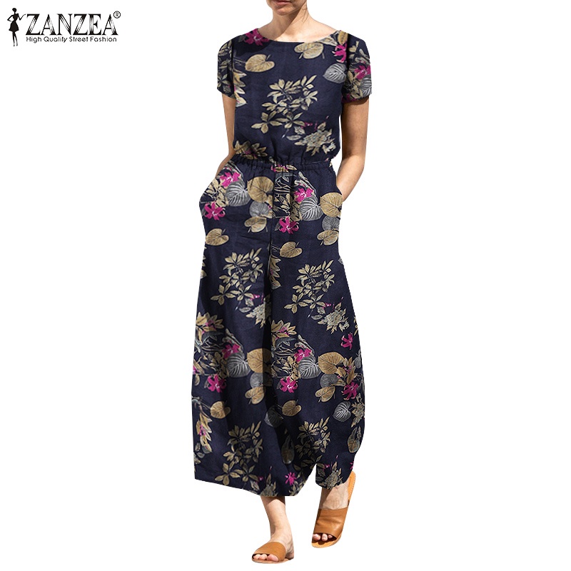 Áo liền quần ZANZEA tay ngắn ống rộng in họa tiết hoa phong cách vintage thời trang cho nữ