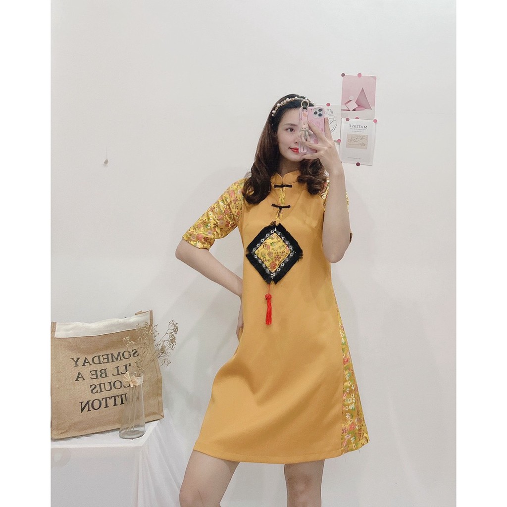 ĐẦM TẾT COTTON PHỐI GẤM THƯỢNG HẢI DÁNG SUÔNG-hình thật shop chụp | BigBuy360 - bigbuy360.vn