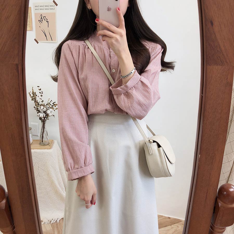 Áo sơ mi cổ cao tay dài phong cách thanh lịch cho nữ 27362