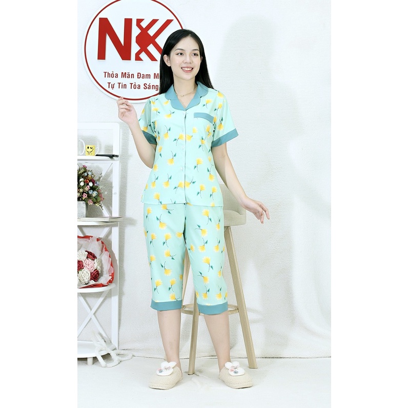 [HÌNH THẬT 100%] Bộ đồ Pijama nữ lửng NỀN XANH HOA RƠI VÀNG - vải lụa IN cao cấp - Cực Kì Sang Chảnh | BigBuy360 - bigbuy360.vn