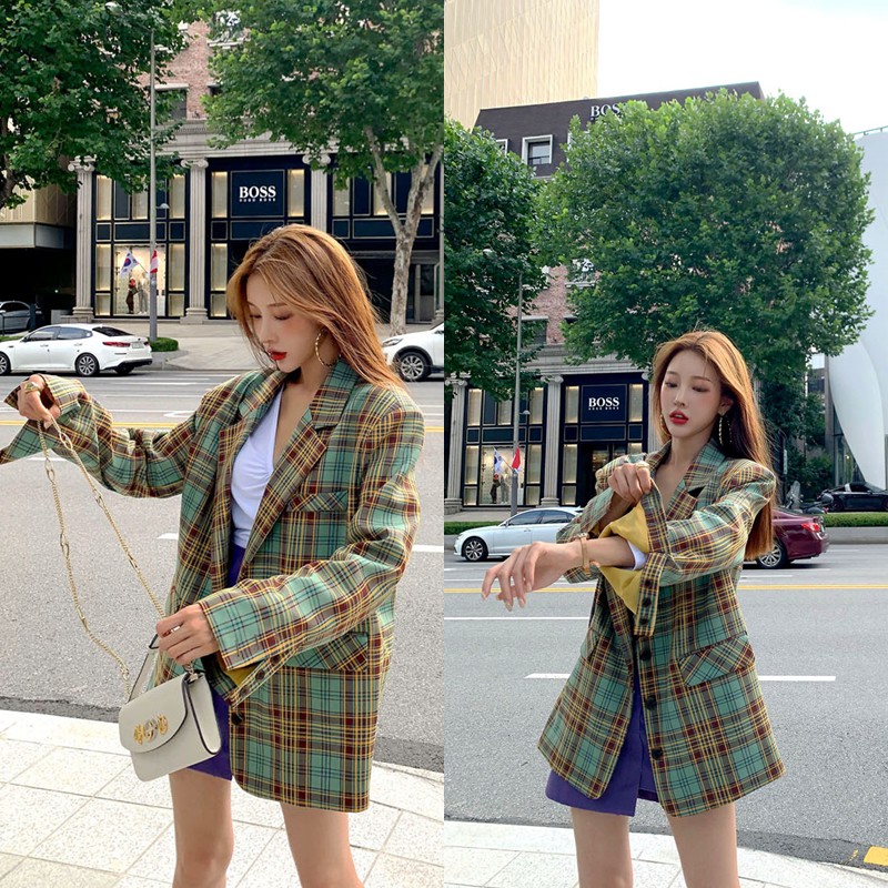 Sẵn Xanh 3(Hàng Đẹp)Ảnh thật 5 hình cuối-HC342.Áo blazer kẻ caro Hàn Quốc chanh xả | BigBuy360 - bigbuy360.vn