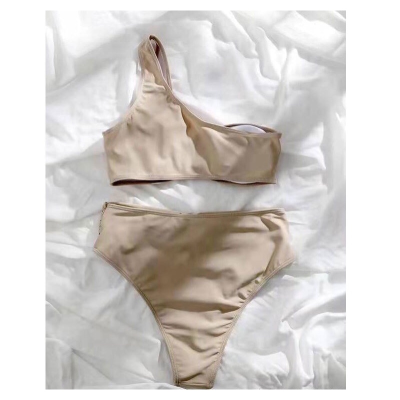 Bikini lệch vai phối khoen xám nude