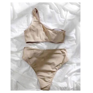 Bikini lệch vai phối khoen xám nude