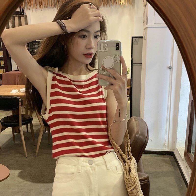 Áo Dệt Kim Sát Nách Kẻ Sọc Đính Nơ Thời Trang Mùa Hè Cho Nữ