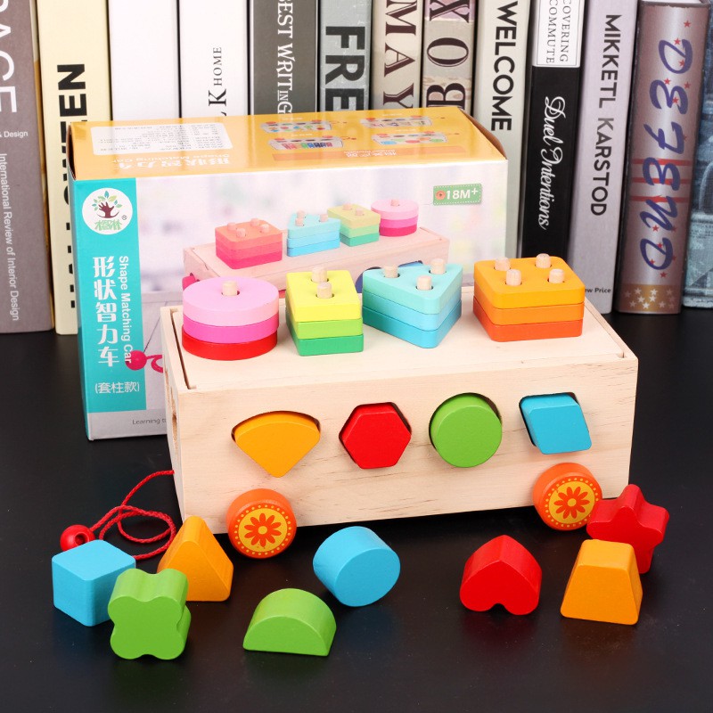 Xe Kéo Thả Hình Khối  [HCM-GIÁ SỈ]   Đồ Chơi Gỗ Montessori ,Màu Sắc Đẹp,Luyện Kỹ Năng Tay và Học Màu Sắc,Hình Khối