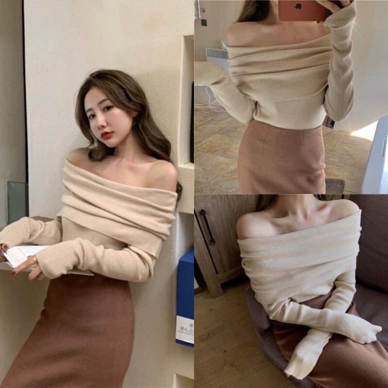 Áo Trễ Vai Gấp L.Y Store Nữ  🌸 Thun dài tay body dáng ôm, len tăm bánh bèo tiểu thư cá tính Ulzzang 🌸