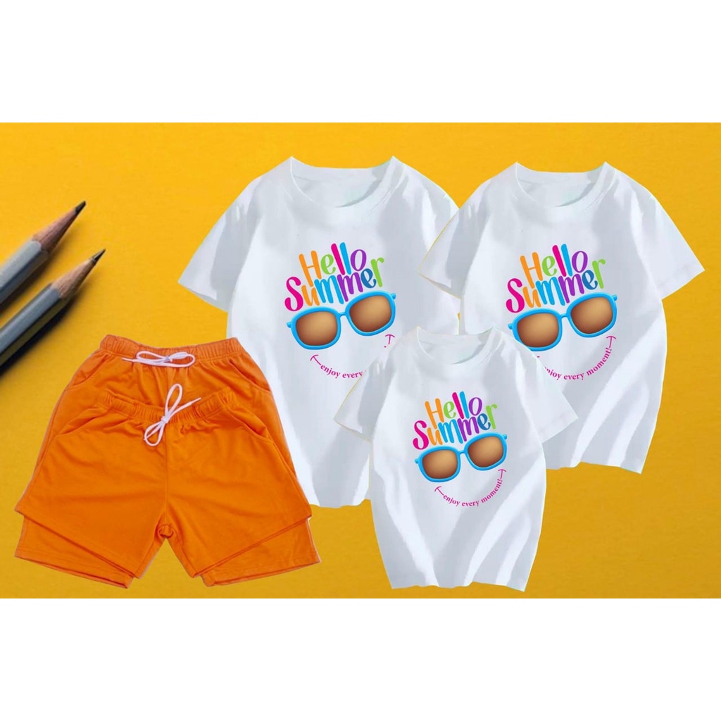 Áo thun gia đình, Đồng phục gia đình 3/4/5 người, áo nhóm giá rẻ thun cotton mát mịn - in chữ HELLO SUMMER mắt kính