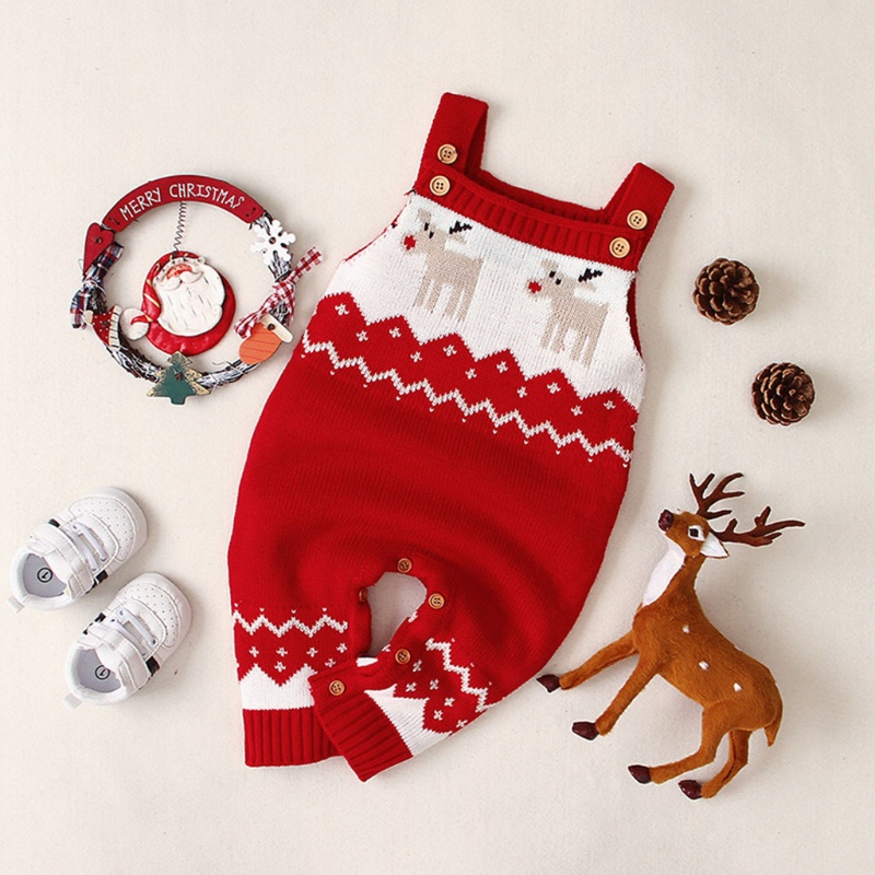Bộ áo liền quần dệt kim họa tiết tuần lộc hoạt hình phong cách giáng sinh cho bé