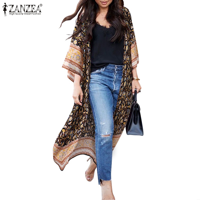 Áo khoác cardigan Zanzea dáng dài in họa tiết hoa phong cách Châu Âu thời trang đi biển cho nữ