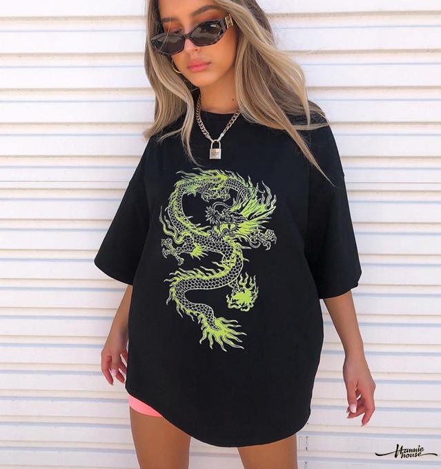 Áo Thun Nữ Dáng Dài Rộng In Hình Rồng Trung Hoa Thời Trang