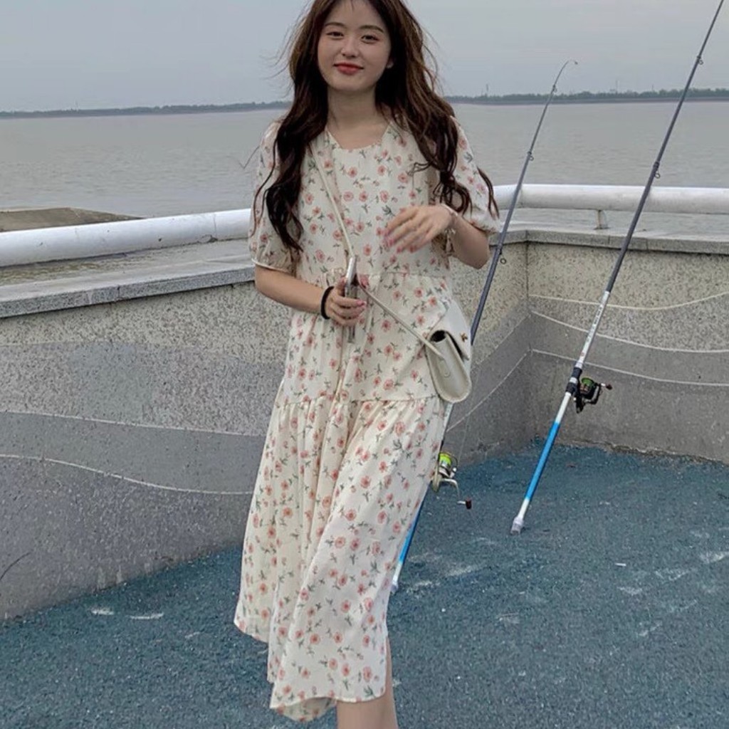 Đầm babydoll hoa nhí dáng dài ulzzang, Váy nữ xoè hoa nhí tay bồng