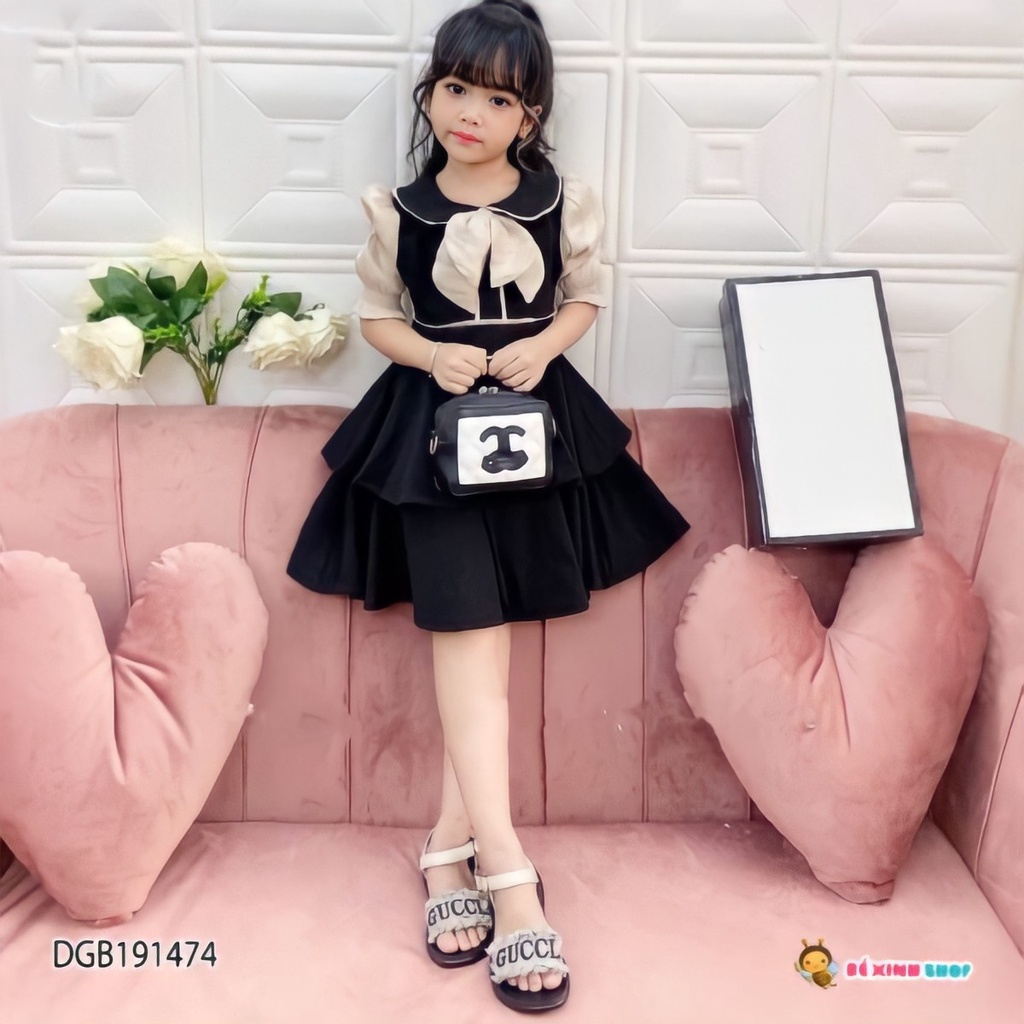 Đầm xòe tầng sọc ngang phối nơ cho bé gái vải cotton mềm mịn thoáng mát – Thời trang trẻ em Uli