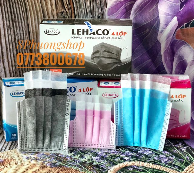 Khẩu trang y tế Lehaco 4 lớp màu Kháng khuẩn Xanh / Hồng / Trắng/ Xám 50 cái/ hộp