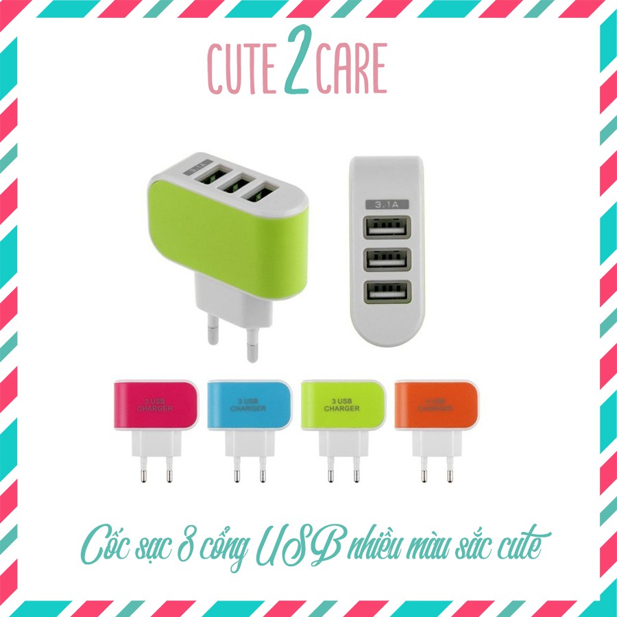 Cốc sạc 3 cổng USB - củ sạc điện thoại nhiều màu sắc cute