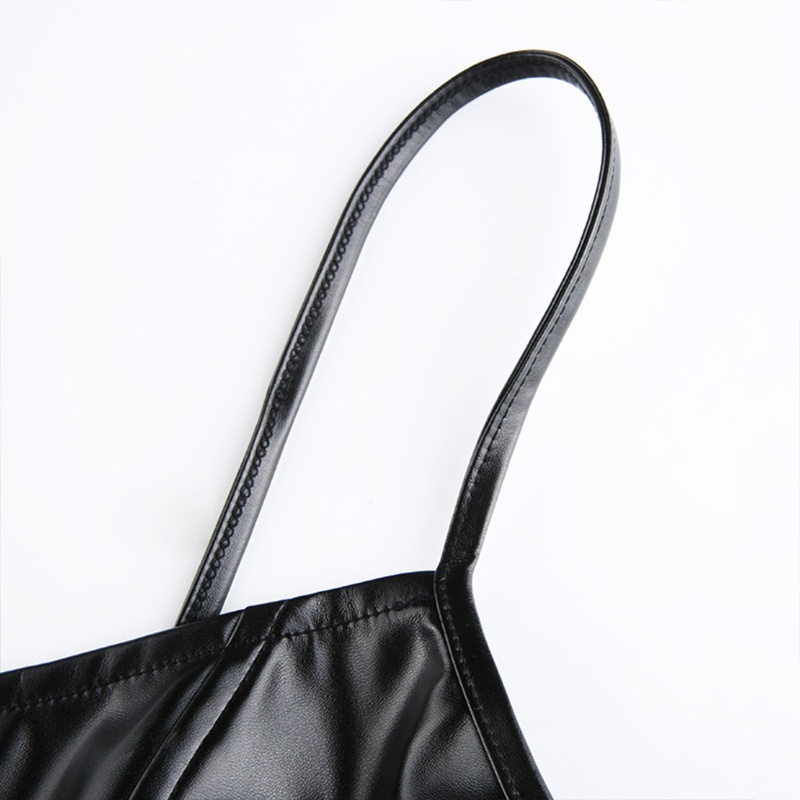 Áo Croptop Hai Dây Bằng Da Nhân Tạo Màu Đen Gợi Cảm Cho Nữ