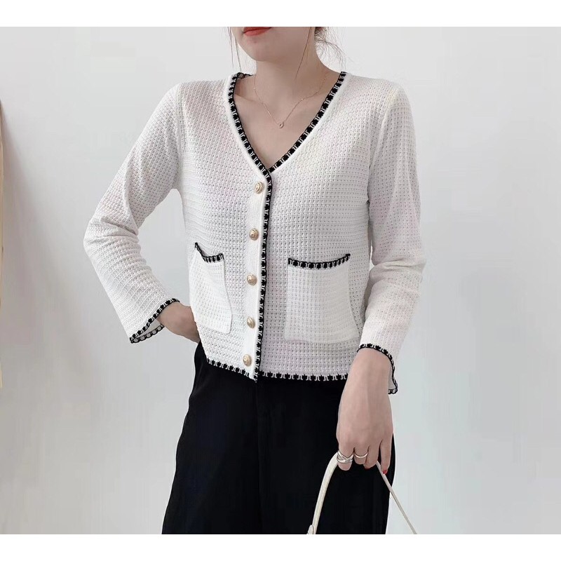 Áo cardigan dài tay cổ V crotop sơ mi dệt kim phối cúc cao cấp