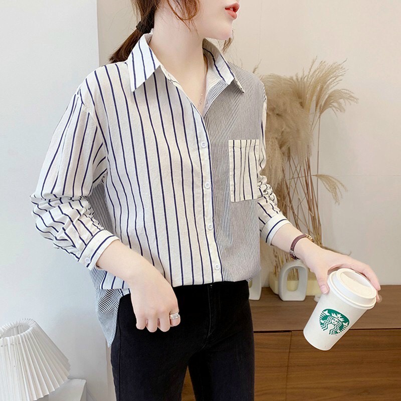 [Mã SKAMFSW175 giảm 10K đơn 50K] Áo sơ mi kẻ dáng rộng dài tay, Áo kiểu pha kẻ sọc đứng form dài SM9531 - NhiNhi Shop | BigBuy360 - bigbuy360.vn