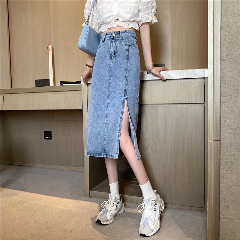 Chân váy jean dáng dài xẻ tà midi chữ a phong cách ulzzang Hàn quốc 2021 YCv30 | BigBuy360 - bigbuy360.vn