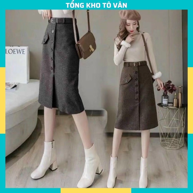 Chân váy dạ dáng dài khuy trước kèm đai, Chân váy dáng dài cạp cao hàng Quảng Châu CV1834