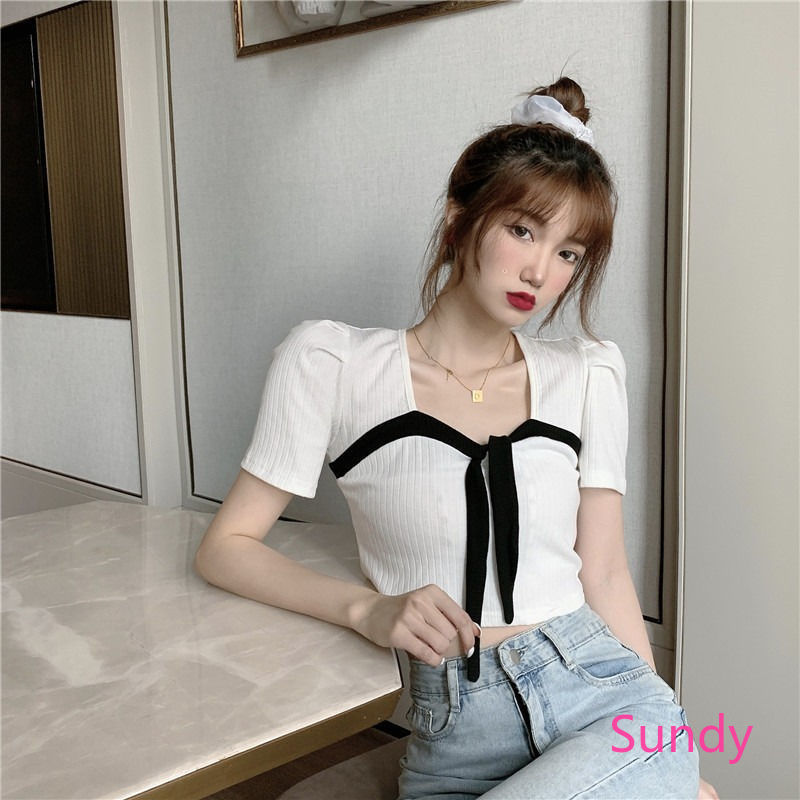 Áo Croptop Tay NGắn Phối Màu Tương Phản Năng Động Cho Nữ