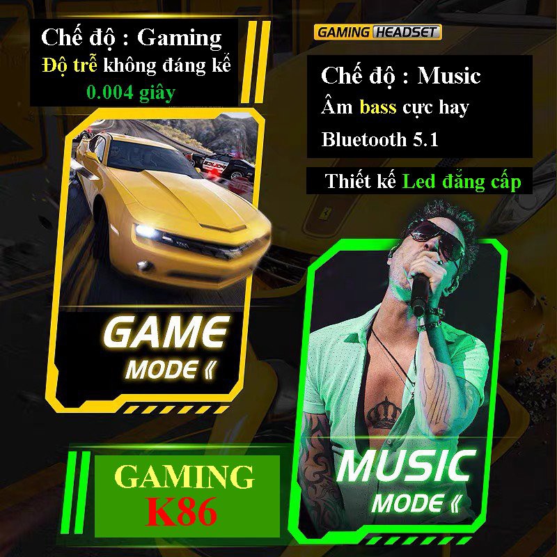 Tai nghe Gaming  không dây Bluetooth 5.0 K86 độ trễ cực thấp,chất lượng kèm găng tay chơi game