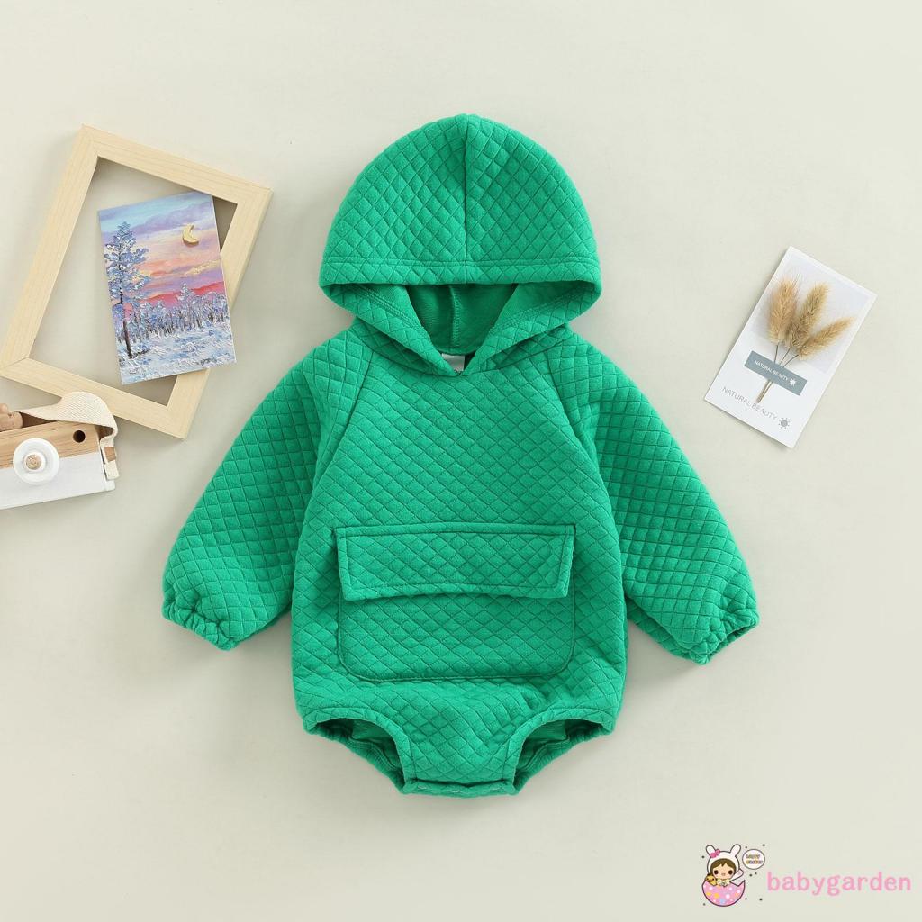 Bộ Áo Liền Quần Dài Tay Có Mũ Trùm Màu Trơn Phối Túi Trước Thời Trang Thu Đông Cho Bé Từ 0-24 Tháng Tuổi