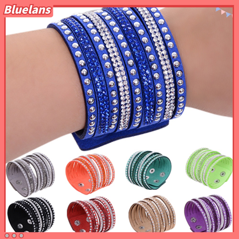 Vòng tay da lộn bản to họa tiết đinh tán phối đá thời trang cá tính cho nữ